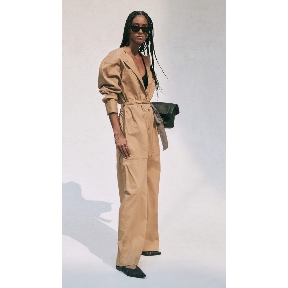 Abercrombie & Fitch Belted Utility Jumpsuit Tan Long Sleeve Collared Wide Leg